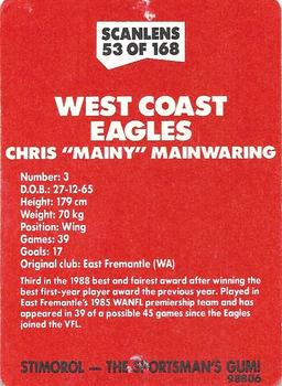 1989 Scanlens VFL #53 Chris Mainwaring Back
